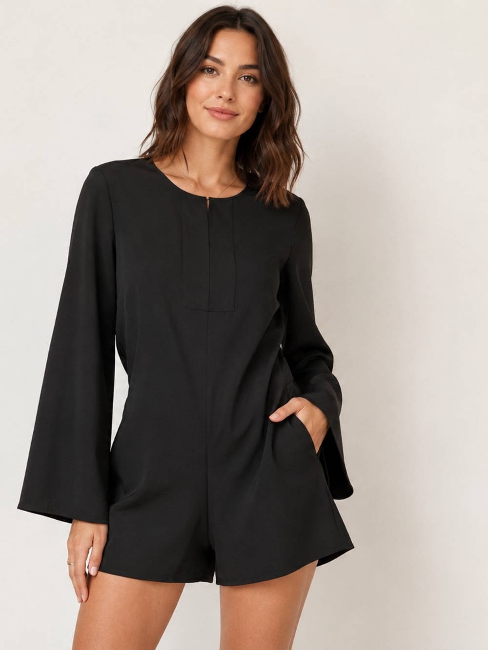 BCBGMaxAzria Black Bell Sleeve Lace Open Back Romper Size L